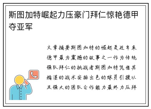 斯图加特崛起力压豪门拜仁惊艳德甲夺亚军